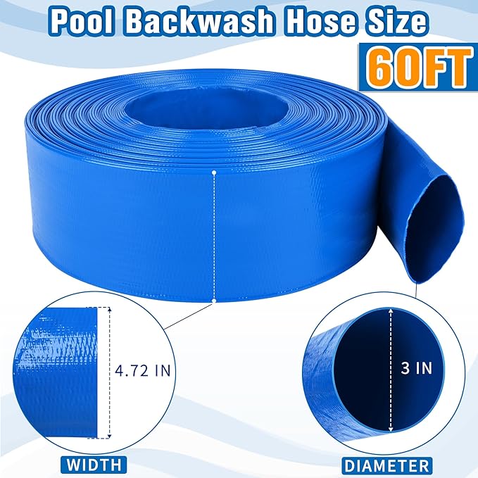 3IN x 60FT Pool Backwash Hose Heavy Duty Drain Discharge Double PVC Layflat Hose with 2 Clamps, Weatherproof Burst Resistant for Water Transfer, Sump Pump, Pool Filter, Pool Drain (18.3M, Blue)