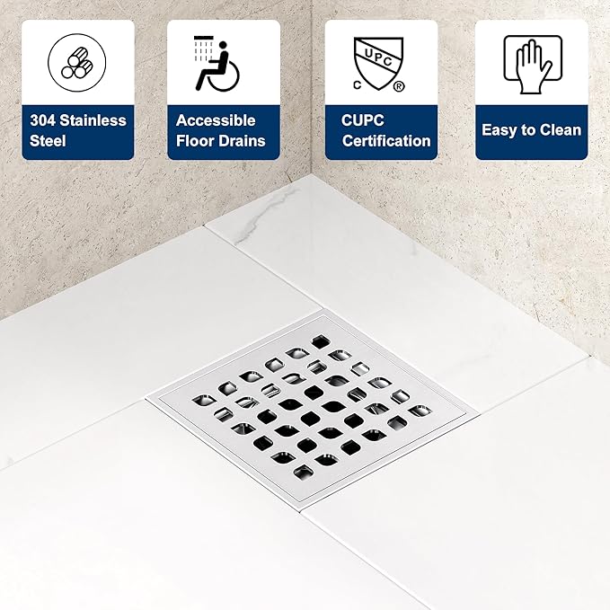 Neodrain Square Shower Drain,4 inch Stainless Steel 304 Grate and PVC Drain Body, Grate with Brushed Nickel Finish, Kit Includes Hair Trap/Strainer,Lifting Hook and PVC Drain Base