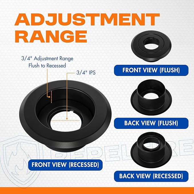Recessed Fire Sprinkler Escutcheon 3/4 in. IPS - 2 Piece in Black - Depth Adjustment Range up to 3/4 in. for Fire Sprinkler Trim