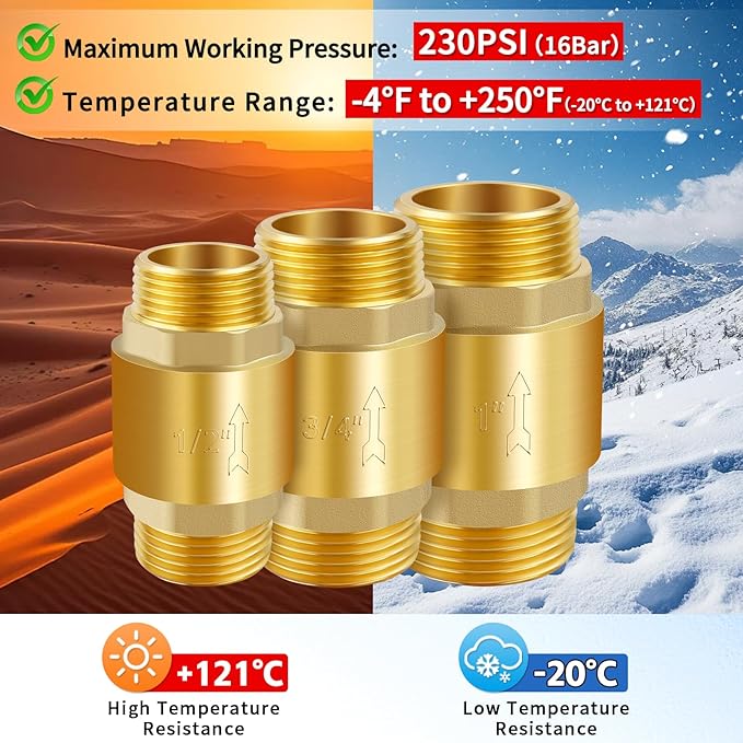 Boltigen 2Pcs 3/4in NPT Spring Check Valve, Brass Non Return One Way Check Valve, Vertical Inline Water Backflow Preventer for Well, Pump, Tank (3/4" Male x 3/4" Male(DN20))