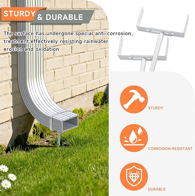 White Rainwater Downspout Bracket with Strap, Adjustable Heavy-Duty Galvanized Iron Downspout Bracket, Rust-Proof Anchor for Pipe Support, for Lawn,Yard & Industrial Use(2 Pcs, A Sytle-30cm)