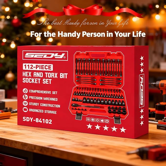 112-Piece Torx and Allen Bit Socket Set, 1/4", 3/8",1/2" Drive Bit Socket Set with Quick-Release Ratchet Wrench, Adapters, Extra long torx/Tamper proof torx/Hex/Ball End Hex/E-Trox,SAE/Metric,S2 Steel
