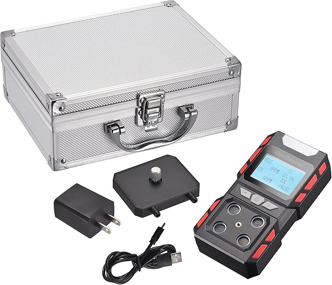 Portable Gas Leak Detector, Handheld Voice Type 4 Gas Monitor with Digital Display, Rechargeable Battery Powered Multi Gas Detector Test Meter (Black)