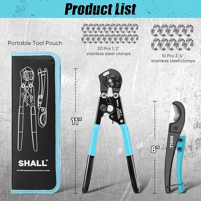 SHALL 2-IN-1 Pex Crimping Clamp Cinch & Remove Tool with Pipe Hose Cutter, Pex Pipe Fitting Crimper Tool Kit for 3/8" to 1" Stainless Steel Clamps Including 20pcs 1/2", 10pcs 3/4" Clamps & Storage Bag