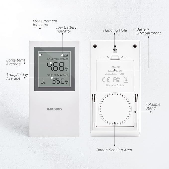 INKBIRD Radon Detector for Home | Radon Tester with Short & Long Term Monitoring | 3 AAA Battery Operated | USA Version Pci/L
