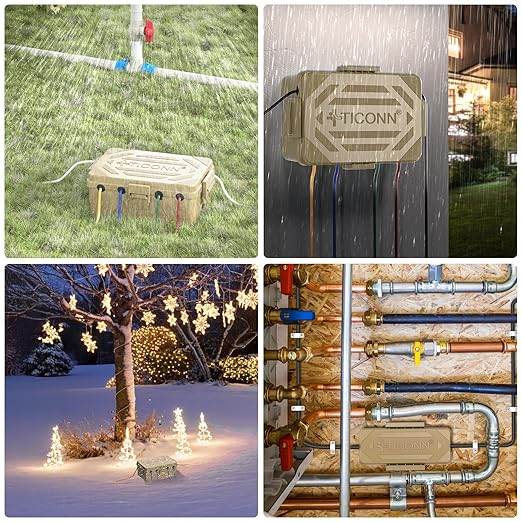 TICONN Outdoor Electrical Box, IP54 Splash-Proof Outdoor Extension Cord Cover, Protects Power Strip, Plug, Socket, Timer, Holiday Lights (Brown, Small)