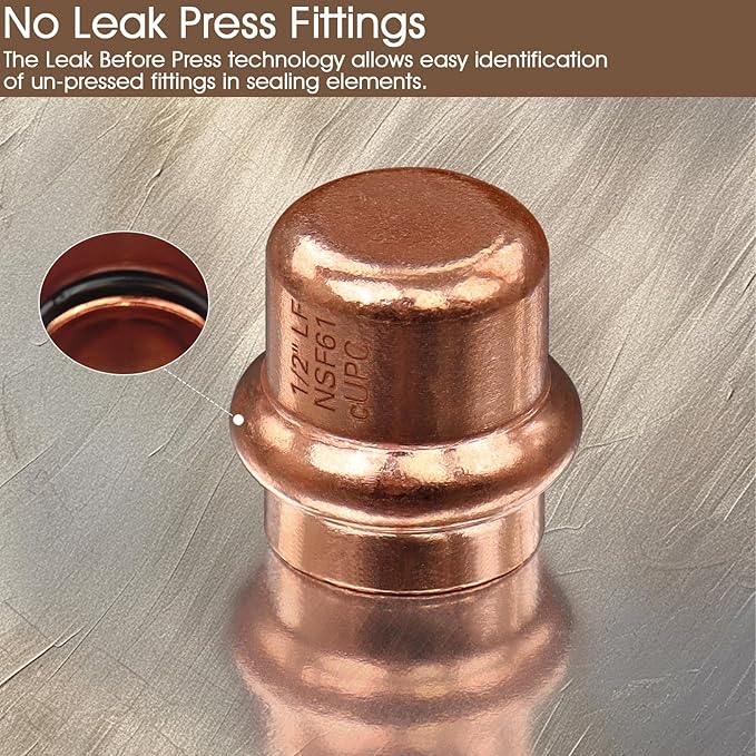 Copper Press Fittings 1/2" Copper End Cap, Zero Lead 1/2" Coopers Press Cap End Plug Coppers Pipe Caps for Plumbing,OD 5/8”,Use with Hydraulic Press Fitting Tool,12PCS