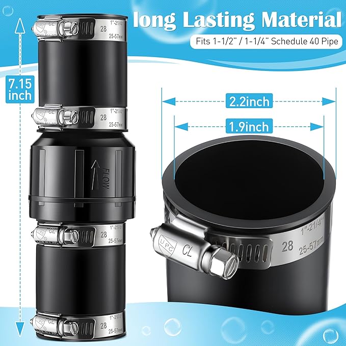 1 Pack Sump Pump Check Valve Fit 1-1/2 inch and 1-1/4 inch Pipe, Check Valve with 4 Pcs Stainless Steel Hose Clamps for Sump Pump Life Expectancy Increase