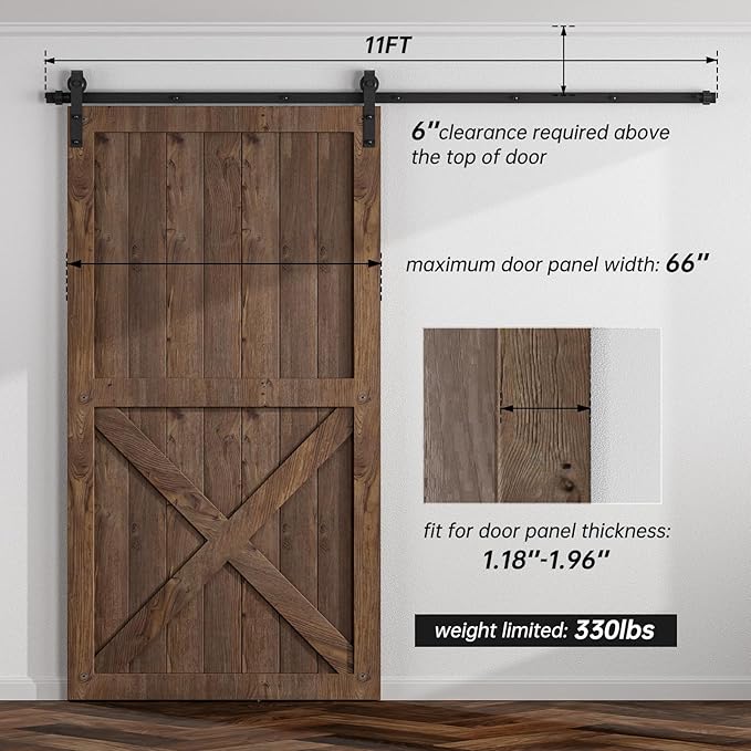 11FT Sliding Barn Door Hardware Kit for Single Door, Sliding Door Track, Easy to Install, Smoothly and Quietly, Fit 1.18-1.96" Thicknesses Fit 66" Wide Door (J Shape Hanger)