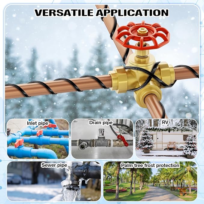 6 ft Heat Tape for Water Pipes, Self Regulating Heating Cable with Built-in Thermostat, Freeze-Protected Water Heating Trace Cable for Metal & Plastic Pipes, 120v, 8w/ft