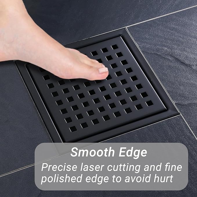 4 Inch Square Shower Floor Drain, Stainless Steel Black Shower Drain Kit with Flange, Floor Drain with Removable Grid Cover,Matte Black