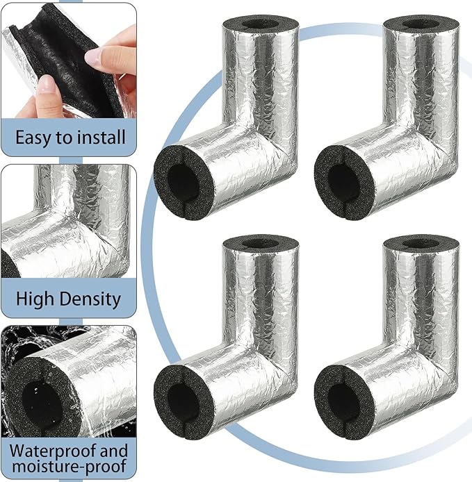 Frienda 4 Pack Pipe Insulation Foam Tube Elbow Insulation Tubing Elbows Water Freeze Protection Heat Preservation Foam Tube for Tubing Outdoor Water Pipe Protection (1 Inch,Foil)