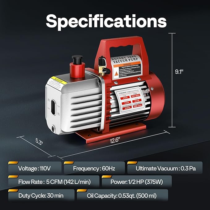 VIVOHOME 110V 1/2 HP 5 CFM Dual Stage Rotary Vane HVAC Air Vacuum Pump with Oil Bottle, Red