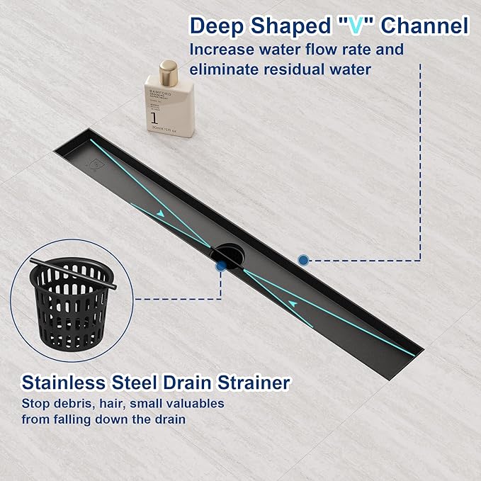 Neodrain 18-Inch Linear Shower Drain,with 2-in-1 Flat & Tile Insert Shiny Black Cover, Rectangle Shower Floor Drain, Linear Drain with Adjustable Leveling Feet, Hair Strainer