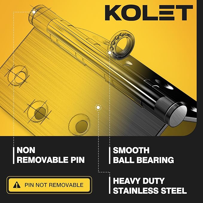 KOLET Ball Bearing Door Hinges, 4 x 4 Inches Door Hinges, Heavy Duty Stainless Steel Hinges, 5/8'' Radius Corner, Smooth and Quiet, Non Removable Pin, Matte Black, 3 Pack