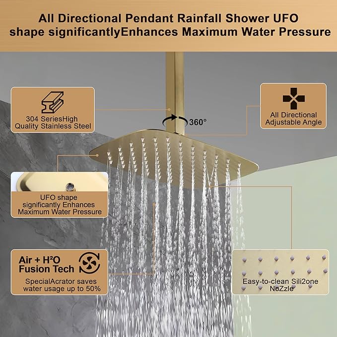 Brushed Gold Rainfall Shower System with Push-Button Diverter, Square UFO Rain Shower Trim Kit for Ceiling and Wall Mount, 2-Function Handheld Shower, Rough-in Valve, and Shower Faucet Set