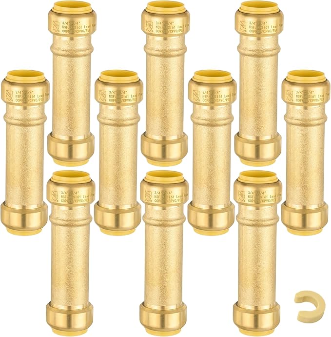 Slip Coupling,3/4 Inch Push-fit Slip/Repair Coupling with Disconnect Clip, 3/4" Push Fittings for Copper, PE-RT, CPVC Pipe(Pack of 10)