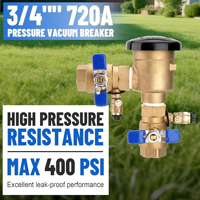 SPARKWHIZ 3/4" 720A Pressure Vacuum Breaker Assembly, Brass Backflow Preventer Valve, for Lawn Irrigation, Garden Watering, Commercial Water Supply Systems, and Industrial Water Systems, Max 400 PSI