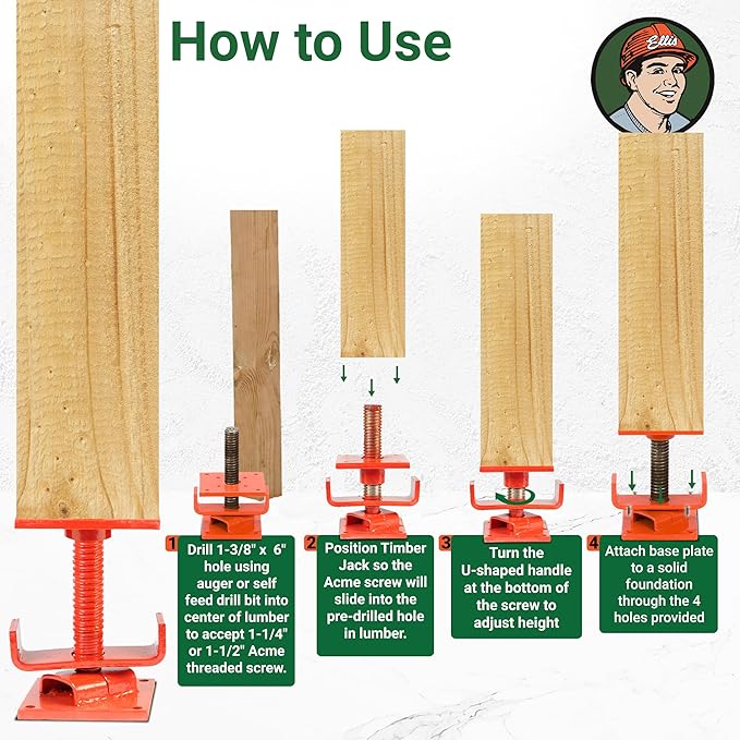 Ellis Manufacturing Timber Jack – Adjustable Post for House Leveling, Basement Support, Joist Lift, Crawl Space Shoring, Screw Support Beam, 5" Range, 30,000 lbs Capacity