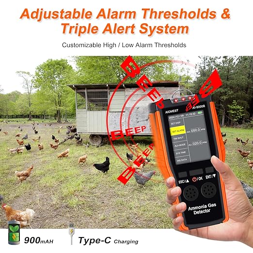 Ammonia NH3 Gas Detector Handheld Ammonia Sensor, AIOMEST Medidor Amoniaco Meter AI-9000B Monitor NH3 Air Level 100PPM w/Data Logging & Alert, Temperature Humidity for Horse Stall Poultry Farm