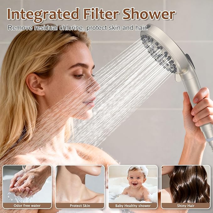 Iriber Brushed Nickel Round Rain Shower System Faucet Set，Bathroom Filtered Shower Head with Handheld, 9 Spray Mode Showerhead with Filters,Shower Valve Trim Kit Contain Cartridge,10 Inch