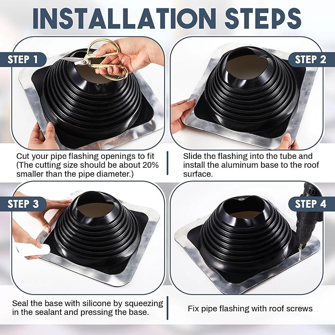 #6 Metal Roof Vent Boot Chimney Flashing Roof Jack Pipe Vent for Pipe OD 5 to 10 Sleeve Square Base Epdm (12 Inch, Black)