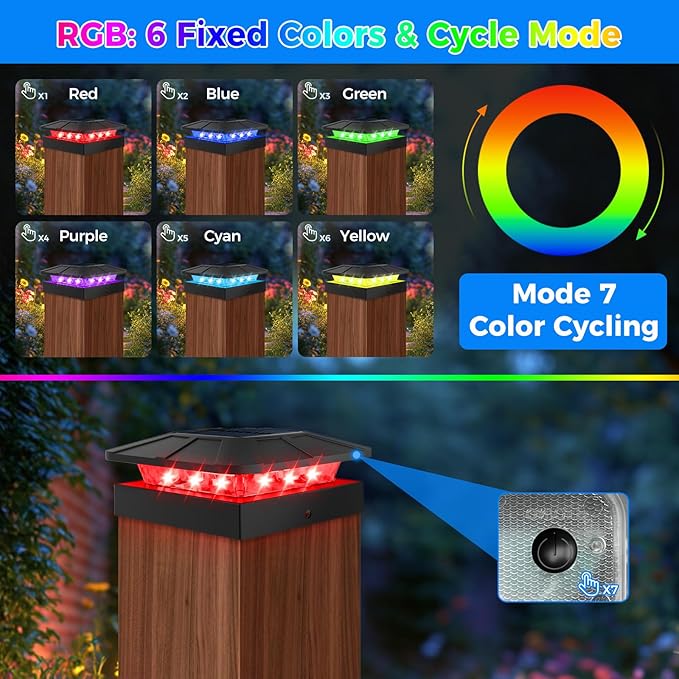 Peasur 4x4 Solar Post Cap Lights Outdoor RGB Color Changing, 12 Pack LED Post Top Light Solar Powered Waterproof, Wood/Vinyl Posts Lighting for Outside Fence Deck Porch Yard Railing Mailbox