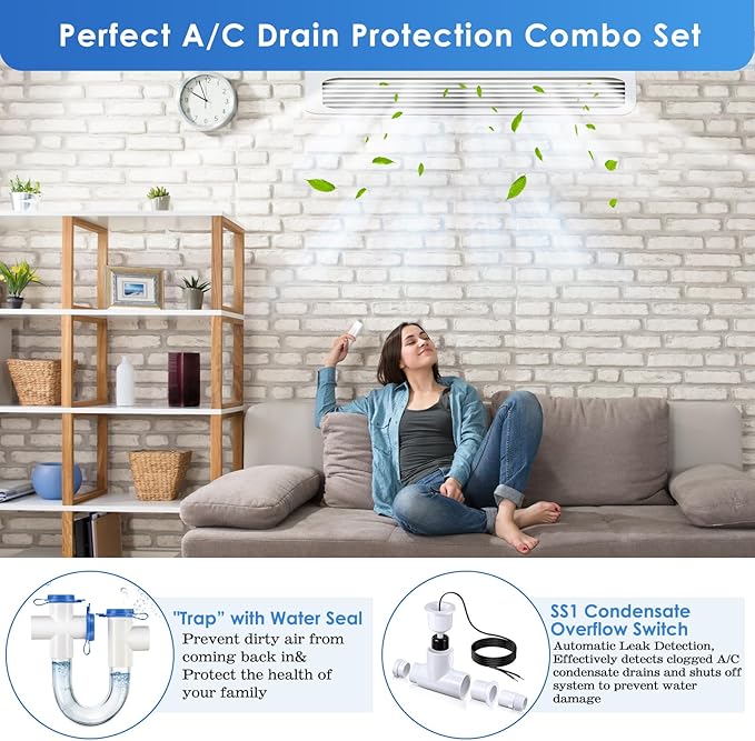 3/4 Inch Standard Condensate Trap and SS1 Condensate Overflow Float Switch Kit for HVAC Systems, Air Conditioner