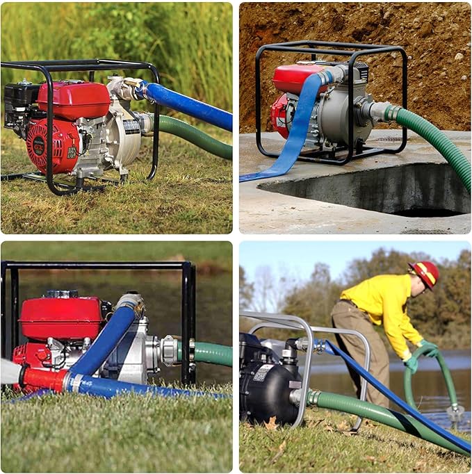 Heavy Duty 2" x 50' Blue PVC Discharge Hose & 2" x 20' Green PVC Suction Hose Pump Kit, Backwash Hose with Aluminum Camlock Fittings, Steel Round Strainer, Cam & Groove Adapter