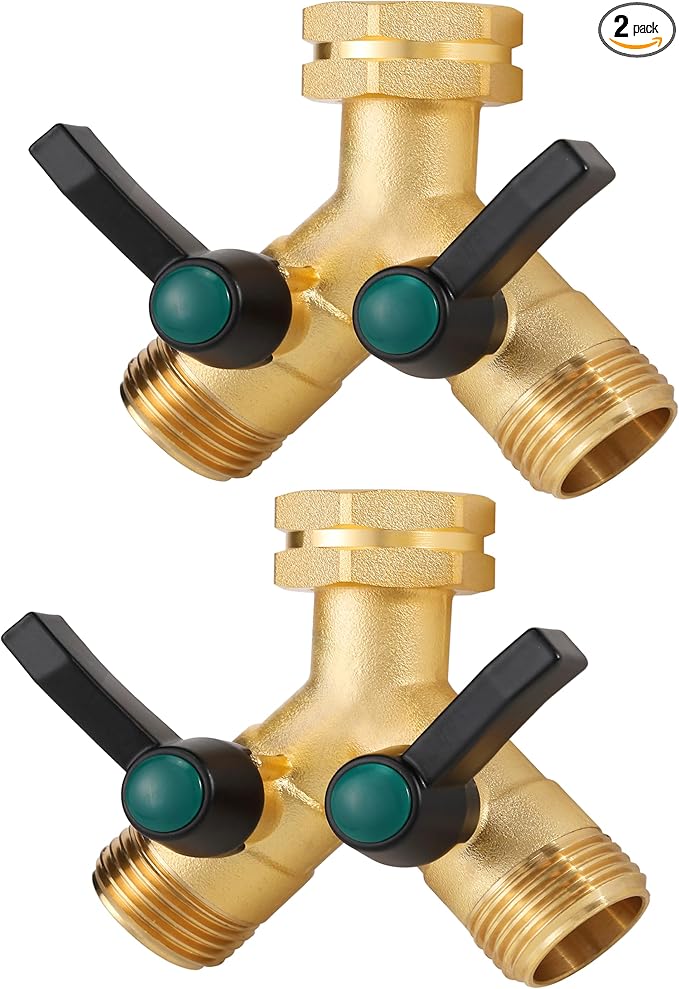 Garden Hose Splitter High Flow, Y - Distributor, Heavy Duty Solid Brass 3/4” GHT Inlet, Garden Faucet Diverter, Full Flow Outdoor Hose Adapter Connector (2 Pack)