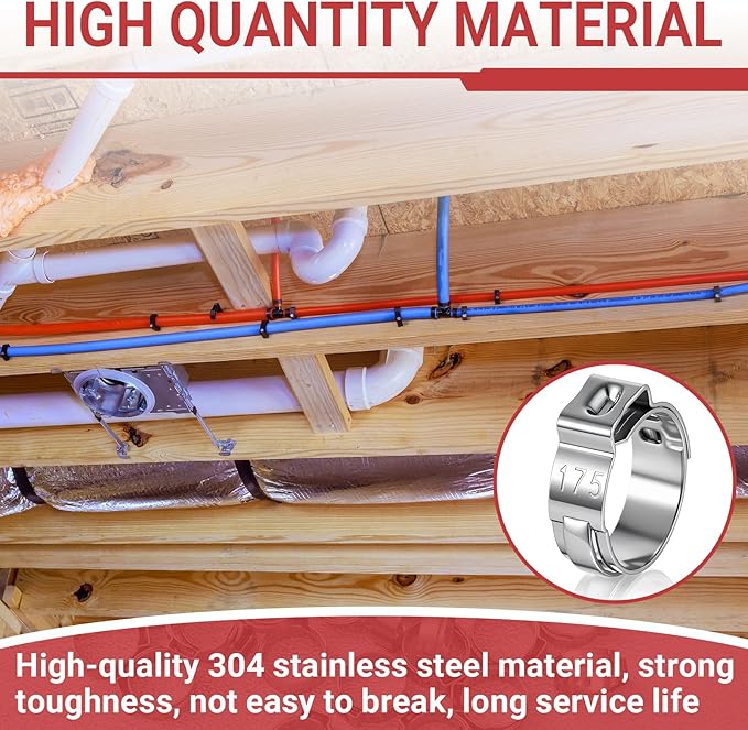200 Pcs 1/2 Inch PEX Cinch Clamps, 304 Stainless Steel Crimp Rings Single Ear Hose Clamps for PEX Tubing Pipe Fitting Connections, Silver