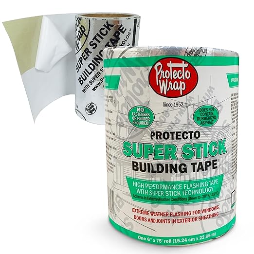 Protecto Wrap Super Stick Flashing Tape 6" x 75' – Self-Adhering Waterproof Membrane for Windows and Doors, Air and Vapor Barrier – Silver Foil-Faced Heavy-Duty Flashing and Building Tape