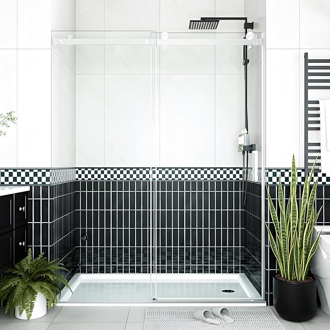 Frameless Sliding Shower Door Enclosure - 56 to 60 Inch Adjustable Width x 76 Inch Height, 6mm Coated Tempered Safety Glass with Easy Clean, Square Stainless Steel Rail, Brushed Finish