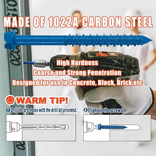 100Pcs 1/4"x3" Concrete Screws with Drill Bit, Hex Head Concrete Cement Screws Anchor Assortment Kit for Masonry, Block Brick or Stucco