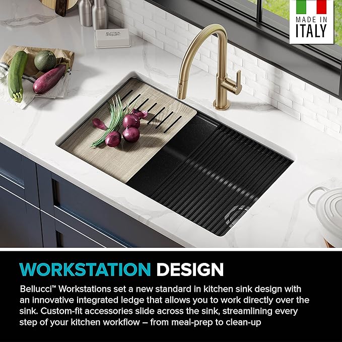 KRAUS Bellucci 30” in. Undermount Workstation Granite Kitchen Sink in Metallic Black with Accessories, KGUW2-30MBL