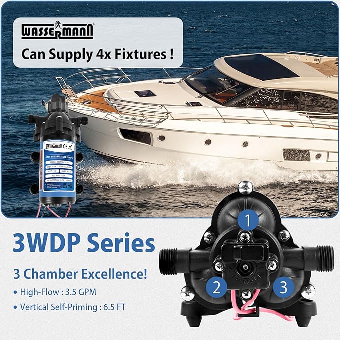 WASSERMANN 12V DC RV Diaphragm Pump, 3.5GPM 45PSI 1/2"NPSM Connection, 3-Chamber Self-Priming Pressure Water Pump with Pressure Switch for RV Marine Camping Yacht Garden,