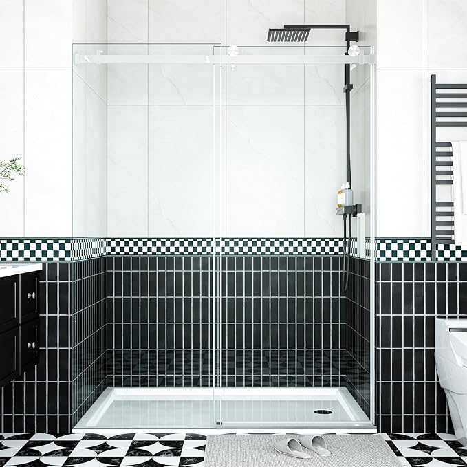 Frameless Sliding Shower Door Enclosure - 56 to 60 Inch Adjustable Width x 76 Inch Height, 8mm Coated Tempered Safety Glass with Easy Clean, Square Stainless Steel Rail, Brushed Finish