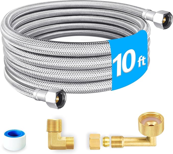 Dishwasher Installation Kit - 10 FT Premium Stainless Steel Braided Dishwasher Hose kit,Food Grade PEX Inner Tube Dishwasher Water Supply Line with 3/8"x3/8"MIP Elbow,3/8"x 3/4" FHT Elbow