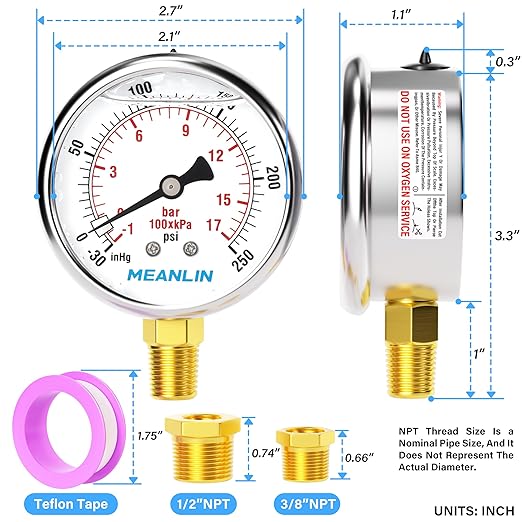 MEANLIN MEASURE -30inHG~250Psi Stainless Steel 1/4" NPT 2.5" FACE DIAL Vacuum Pressure Gauge, Lower Mount, with 1/4" x 1/2" NPT and 1/4" x 3/8" NPT Hex Bushing