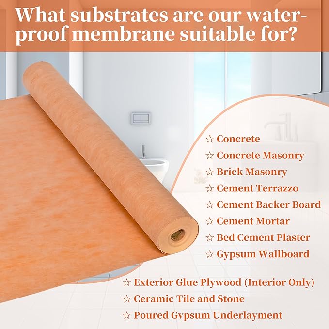 Waterproof Membrane for Shower 3.3Ft X 98.4Ft (323 Sq Ft) Waterproofing Membrane 23.6 Mils Thickness Waterproof Underlayment for Shower Tile Flooring