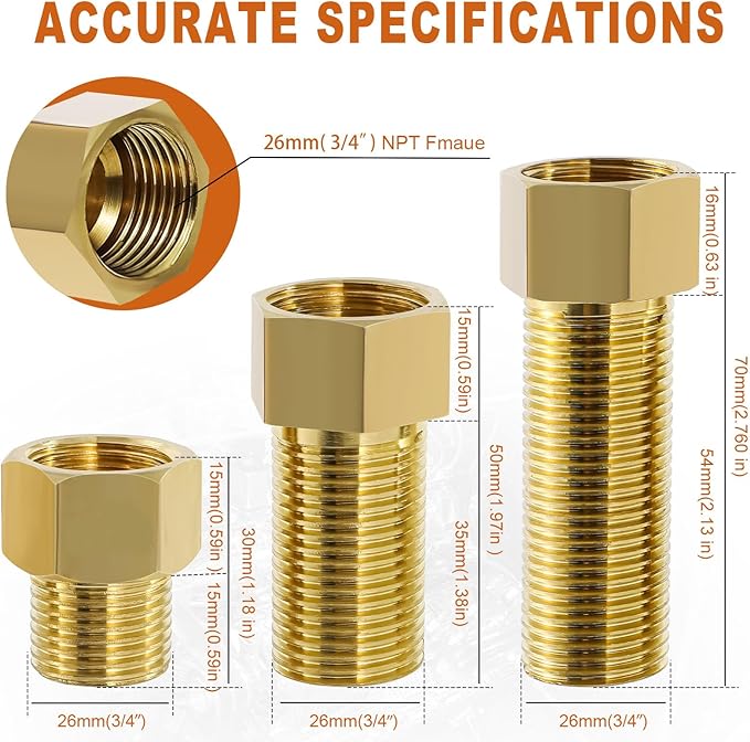 Extension Brass Fittings 3/4" Male Threaded Pipe Hex Bushing Adapter Converter Adapter, Female to 3/4" Copper Pipe Extension Connector Fittings Female Length 50 mm (3pc)