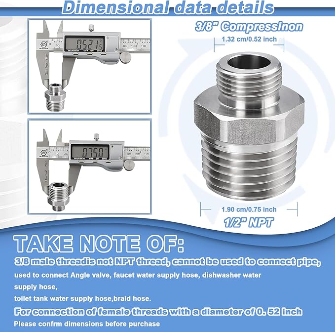 1/2 to 3/8 RV Faucet Adapter, 304 Stainless Steel 3/8 Male to 1/2 Male Compression Reducer Fittings, Water Line Supply Adapter for RV Kitchen, Water Hose Pipe Connector with Rubber Washer(2 Pack)