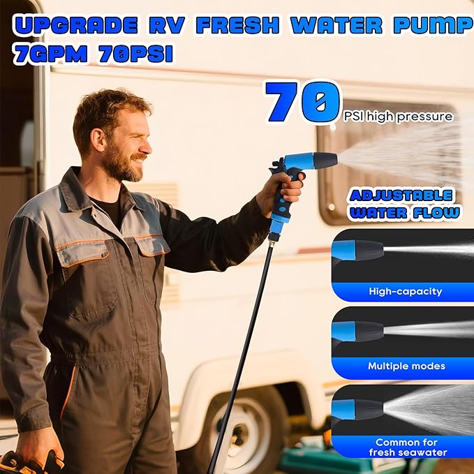 12V DC RV Fresh Washdown Pump Kit, 70PSI7GPM,Marine Self-Priming Water Pump with Pressure Switch, High-Performance RV Fresh Water Pump for Boats,Campers,Travel Trailers,Sprayers,and Yachts