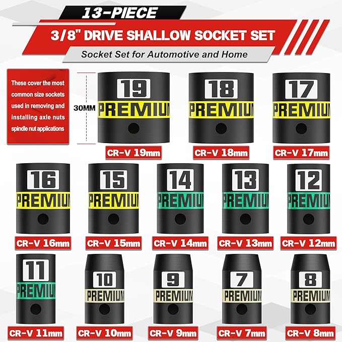 13-Piece 3/8" Drive Shallow Impact Socket Set, 7-19mm, Semi-Deep Sockets, CR-V, Socket Set for Automotive and Home, Metric, 6 Point Socket Set for Automotive and Home