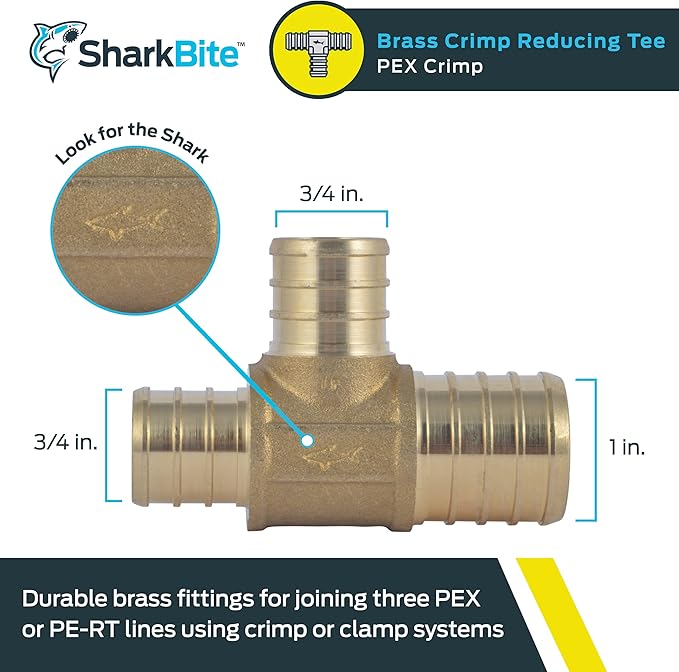 SharkBite 1 Inch x 3/4 Inch x 3/4 Inch Crimp Reducing Tee, Brass Plumbing Fitting, PEX Pipe, PE-RT, UC414LFA