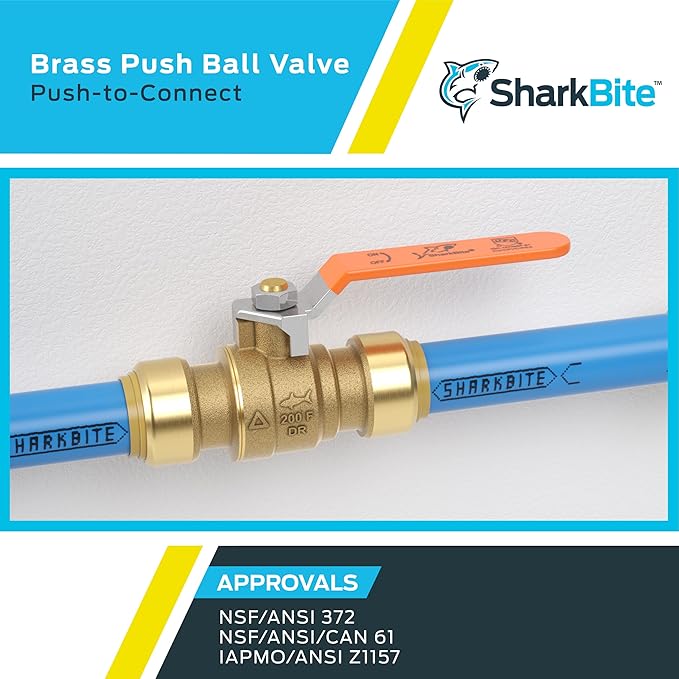 SharkBite 3/4 Inch Ball Valve, Push to Connect Brass Plumbing Fitting, Water Shut Off, PEX Pipe, Copper, CPVC, PE-RT and HDPE Pipe, 22185-0000LFA