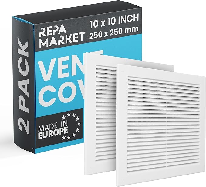 Repa Market 10 x 10 Inch (Outer) White Square Air Vent Cover - Pack of 2 Plastic Fresh Air Intake Vent - AC Cover with Nylon Mesh Screen, Wall, Ceiling HVAC Return Air Register, Modern Soffit Vents