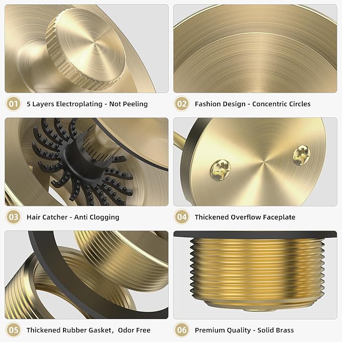 Brushed Gold Bathtub Drain, Hair Catcher and 2-Hole Overflow Faceplate, 11.5/16 UNC, Lift and Turn Bathtub Drain Replacement, Tub Drain Stopper