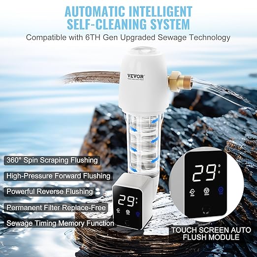 VEVOR Auto Flush Sediment Filter, 36 GPM Spin Down Water Filter with Touch Screen, 6Th Gen Backwash System, Bi-Side Scraper, 360° Install Whole House Pre Filter, Pressure Gauge, 1" MNPT, 3/4" FNPT