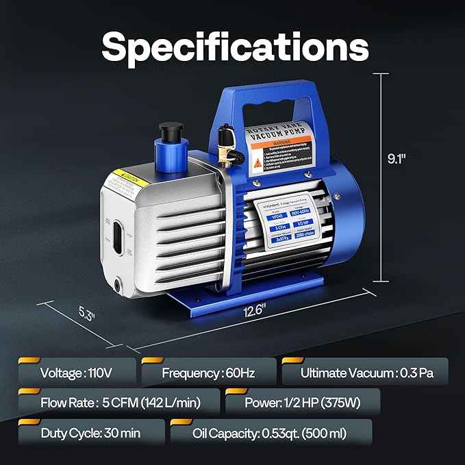 VIVOHOME 110V 1/2 HP 5 CFM Dual Stage Rotary Vane HVAC Air Vacuum Pump with Oil Bottle